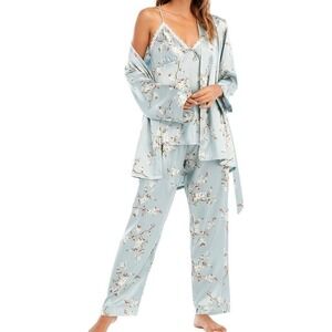 Escalier Womens 3 Piece Pajama Set Blue Floral Satin Robe Cami Pants Small NEW